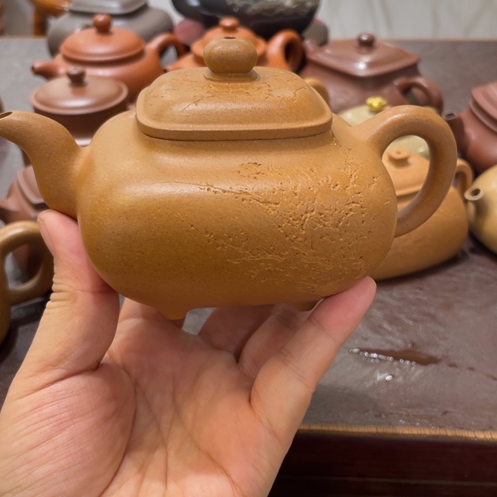 老***长紫砂茶壶老宕口黄金段四方传卢手工刻绘