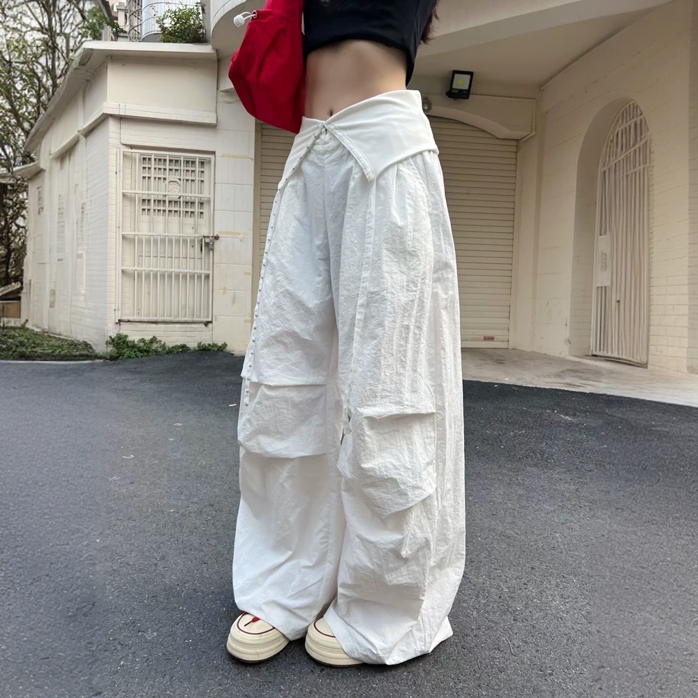 2025夏季宽松辣妹褶皱休闲美式叠穿翻边烫钻伞兵裤