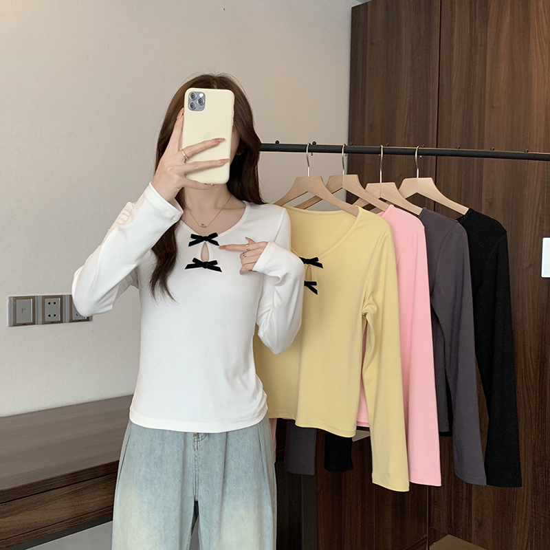【小可爱专属】】2025春装新款大码女百搭修身蝴蝶结长袖打底T恤上衣