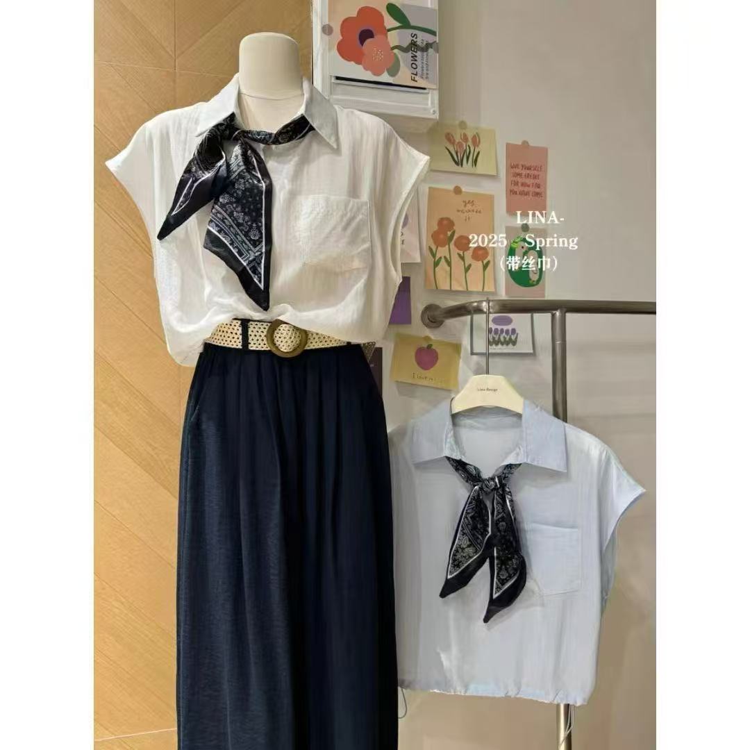 格子推荐~学院风翻领设计感上衣配丝巾2681