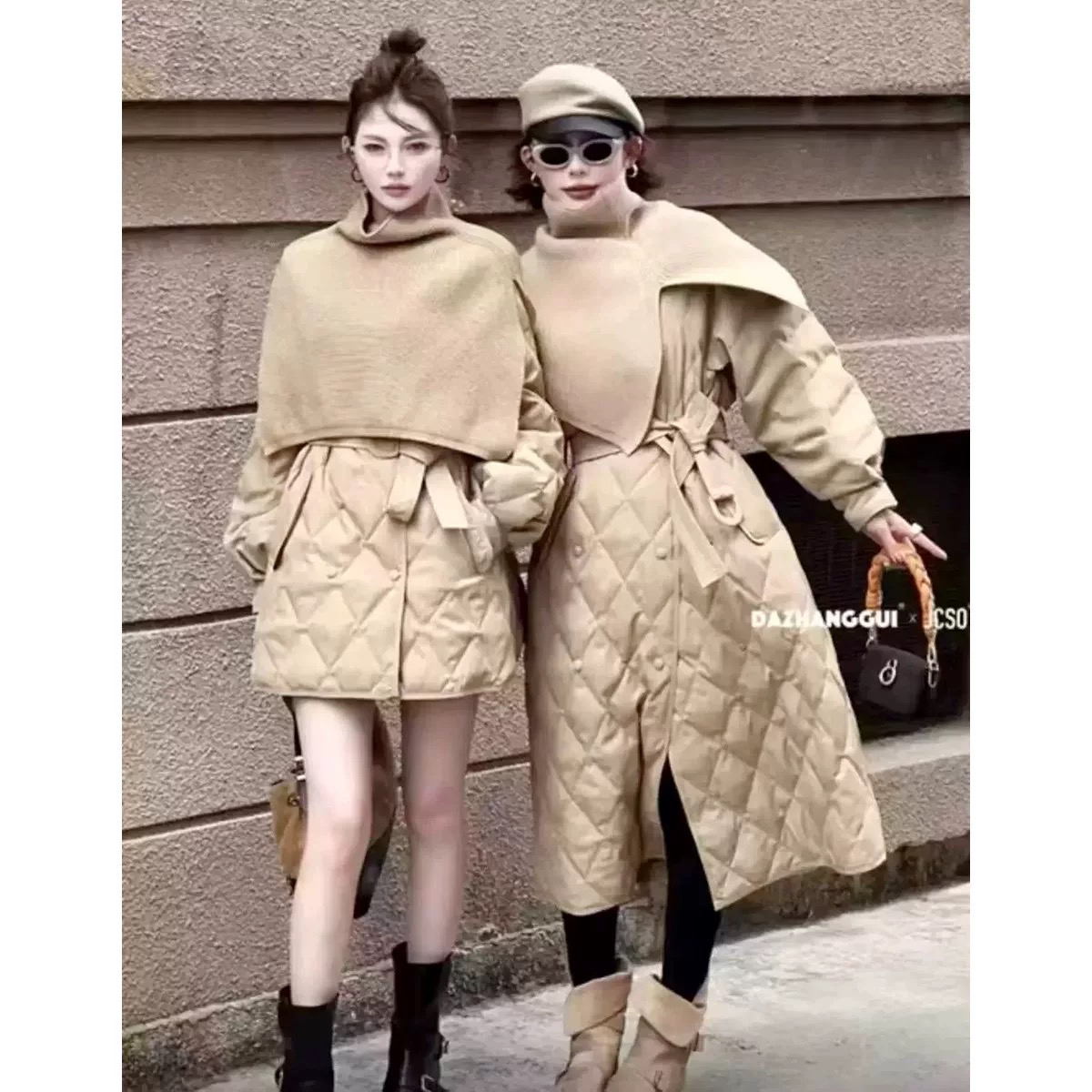 针织围巾披肩棉服外套2025冬季新款时尚气质收腰菱格外套大衣