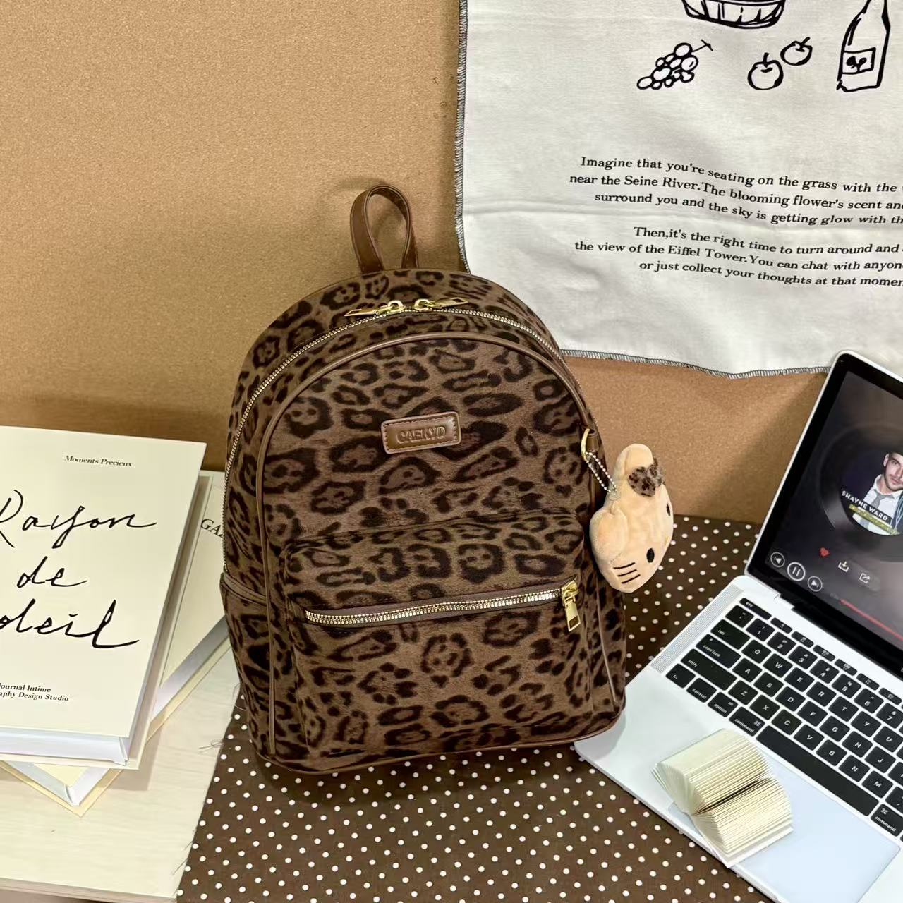 JuanJuan自制ins韩系豹纹双肩包b004