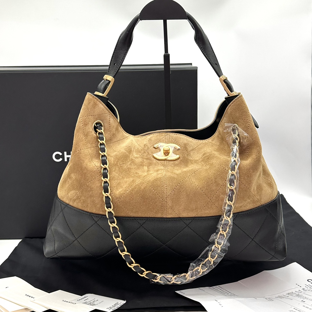 99新 Chanel/香奈儿 25A棕色麂皮拼接黑金小号 hobo单肩包 86203