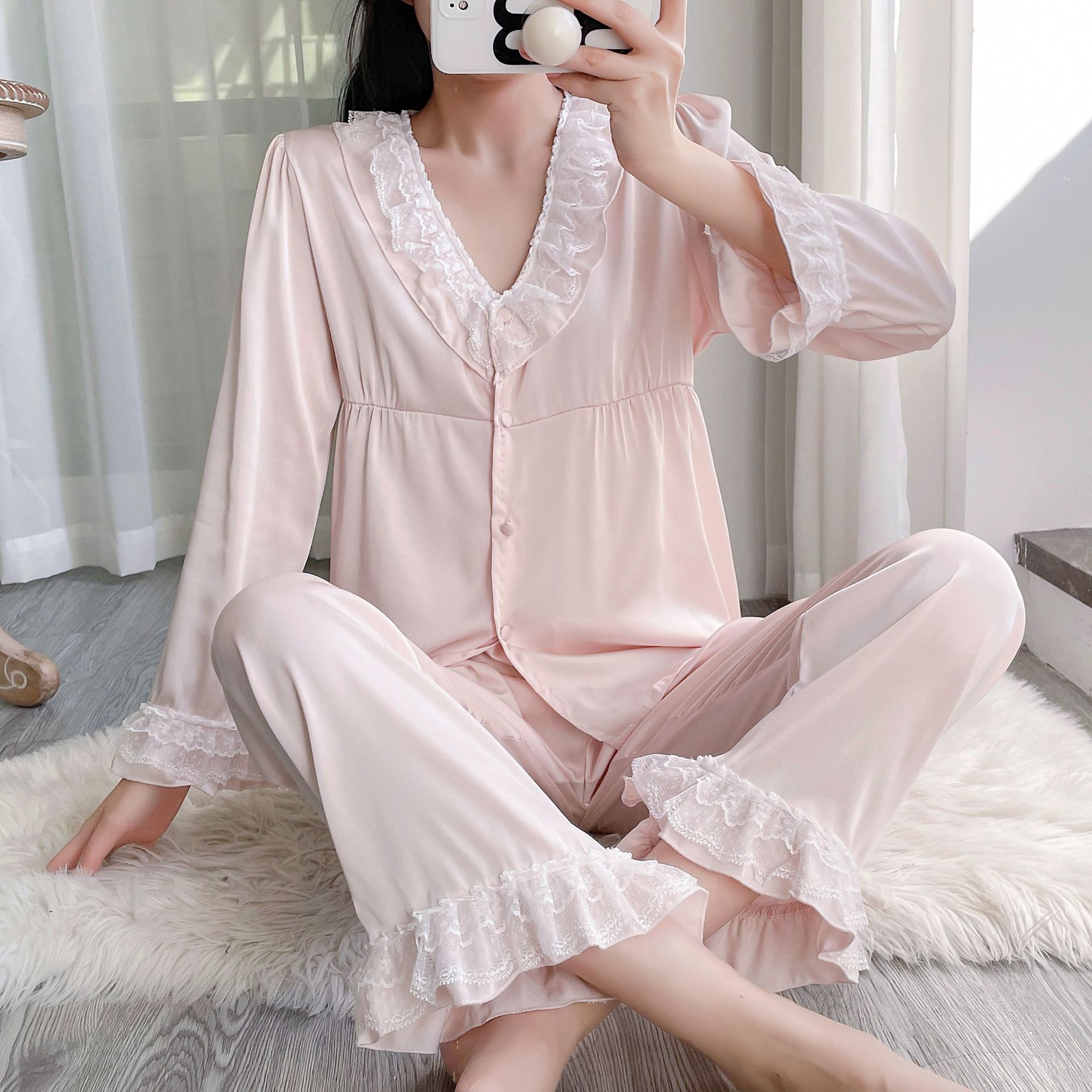 【娜丝】多巴胺长袖睡衣女贡缎软丝春秋季薄款家居服外出甜美ins风