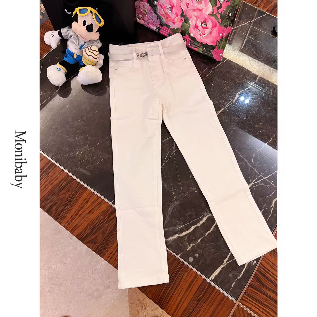 Moni【欧尼小白裤】百搭显瘦高腰窄版老钱风白色牛仔裤九分裤