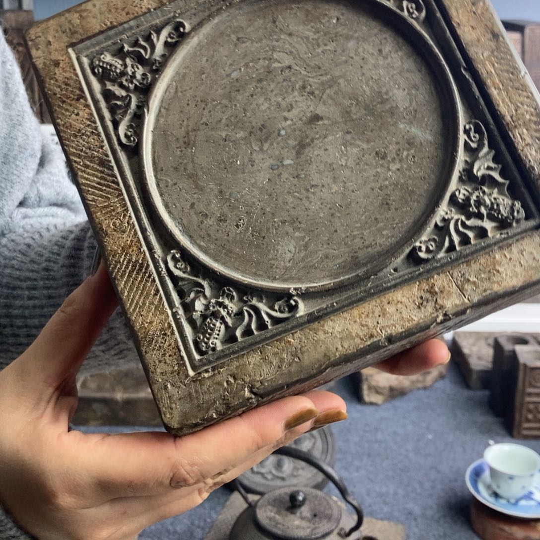 双****）古砖雕刻砚台壶承