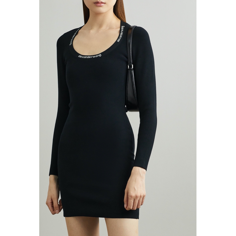 T by Alexander Wang 女提花针织小黑裙长袖连衣裙