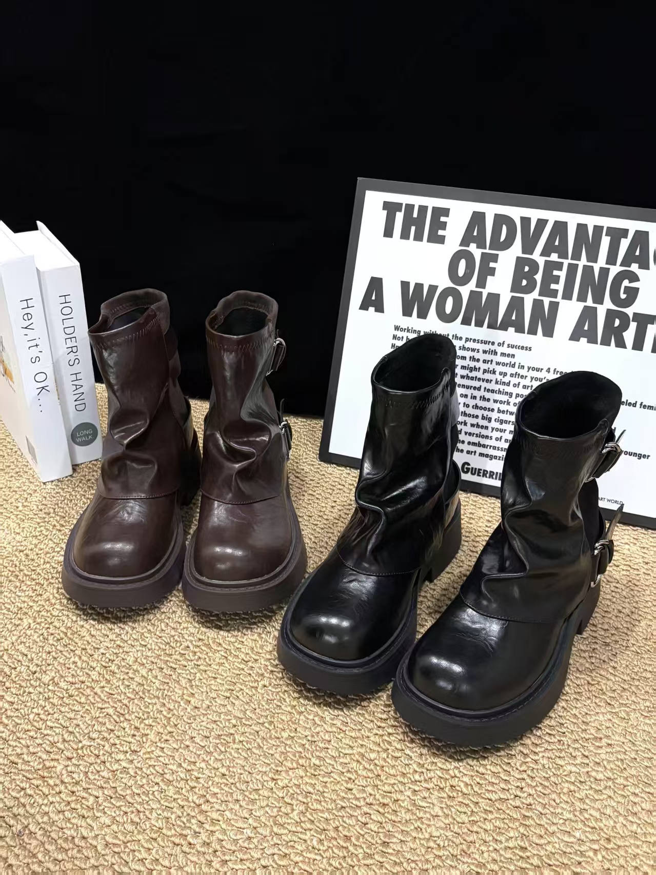 秋冬筒靴英伦风粗跟瘦瘦靴平底厚底防滑套筒马丁靴20-820