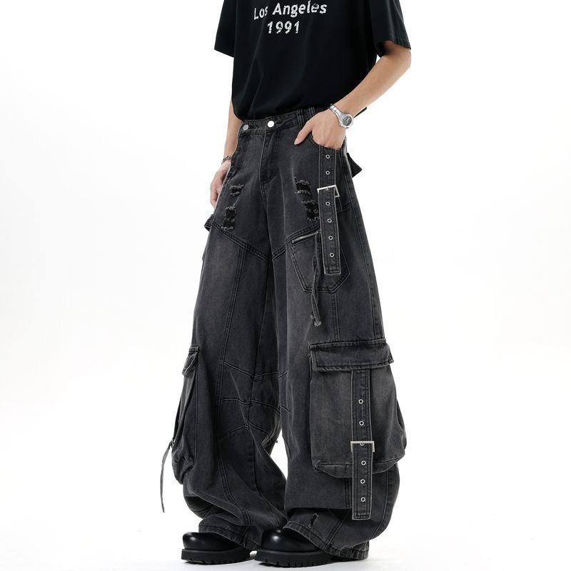 秋冬款美式街头风男女高腰阔腿牛仔裤多口袋设计加厚重工水洗长裤
