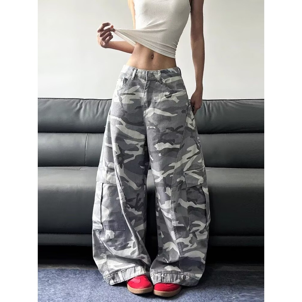 美式高街灰白迷彩水洗阔腿弯刀牛仔裤女潮牌宽松直筒裤子