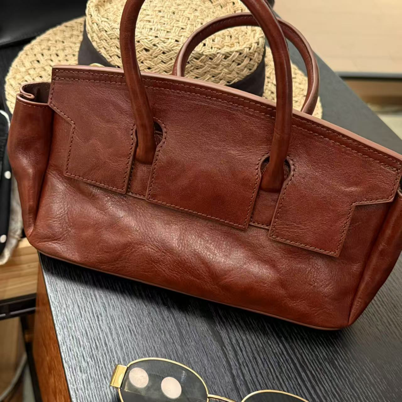 XMM.【植鞣牛皮女士手提斜挎包】时尚百搭潮流洋气复古气质高级6708