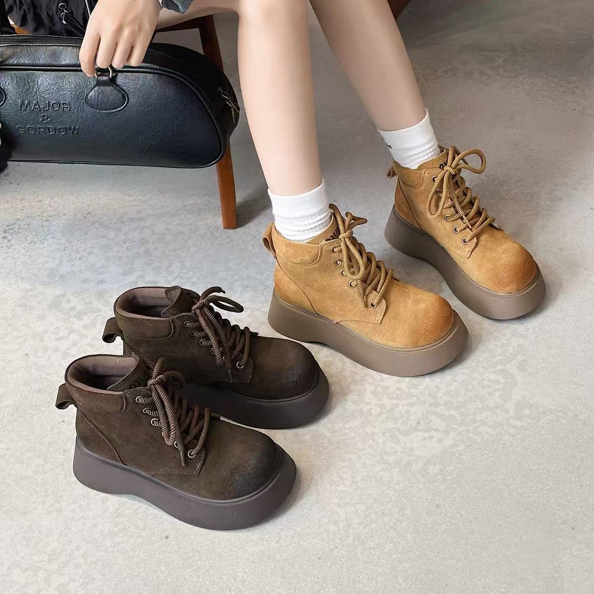 厚底时装靴女新款复古显瘦套筒马丁靴短靴A5567-6（不加绒）