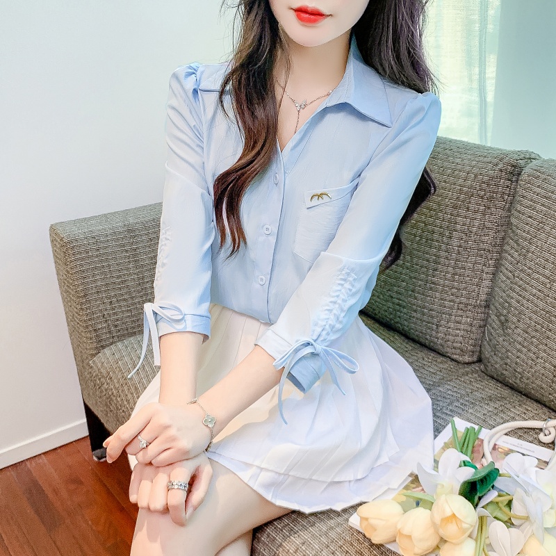 早秋2025年女装新款洋气七分袖雪纺衬衫女设计感小众显瘦减龄上衣