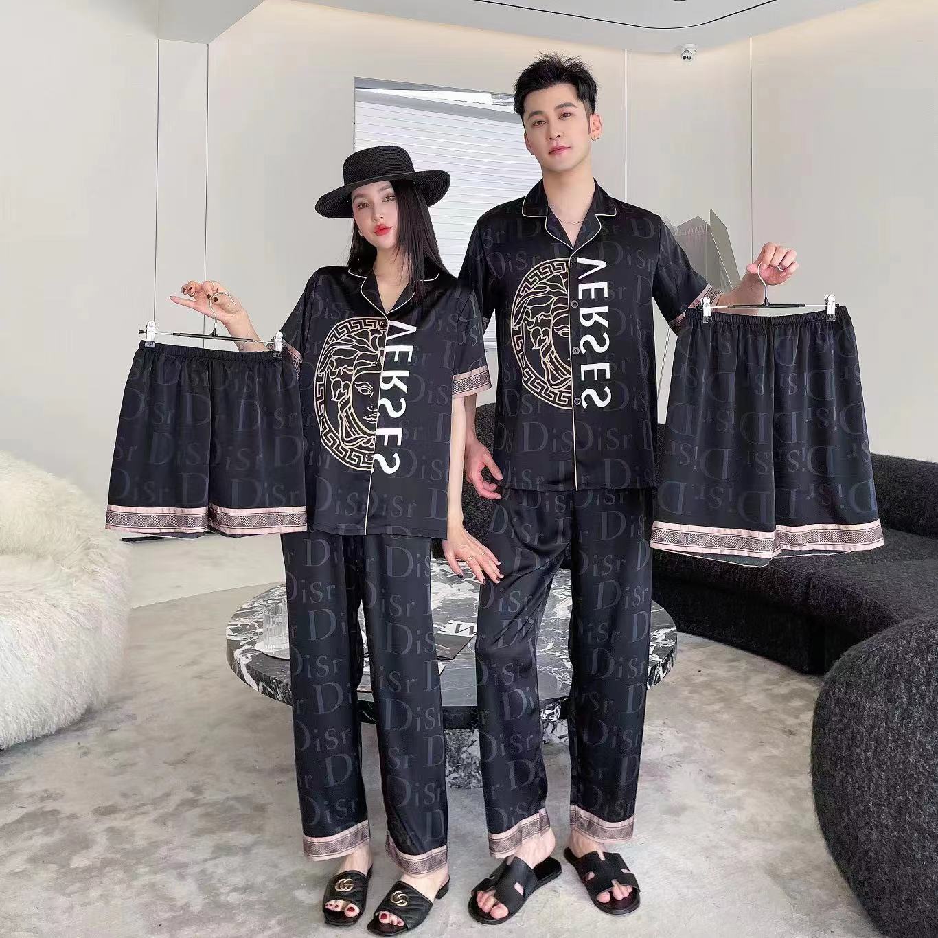 MM品奢轻奢情侣高级柔光软丝新款三件套短袖长袖款式J睡衣家居服