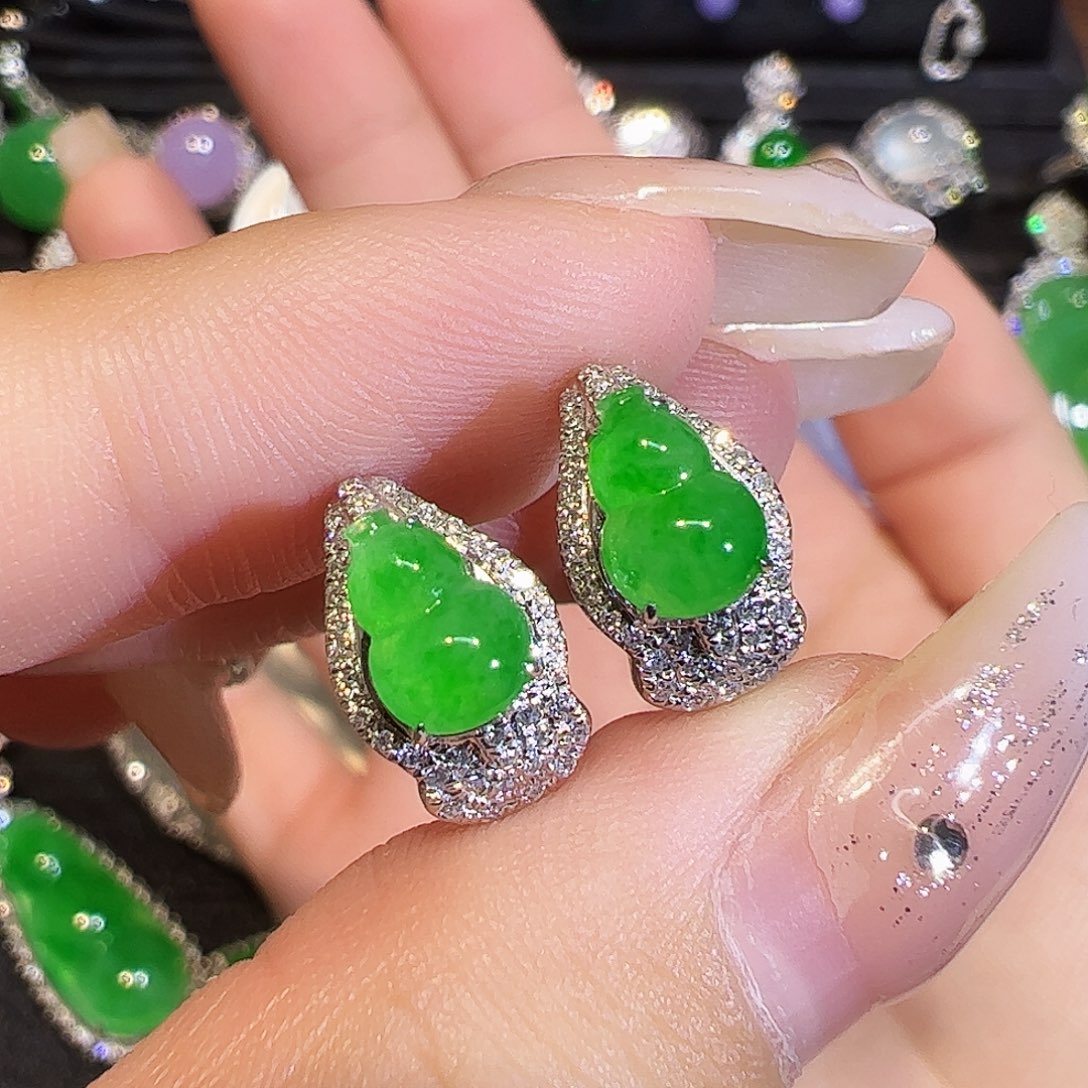 翡翠耳饰18K金镶嵌葫芦