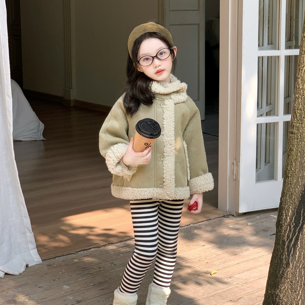 女童秋冬新款毛绒外套时尚翻领上衣保暖儿童衣服秋冬款洋气裤子