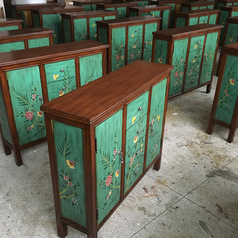 美式彩绘玄关柜欧式玄关柜客厅储物收纳柜门厅柜 长108宽30高93CM