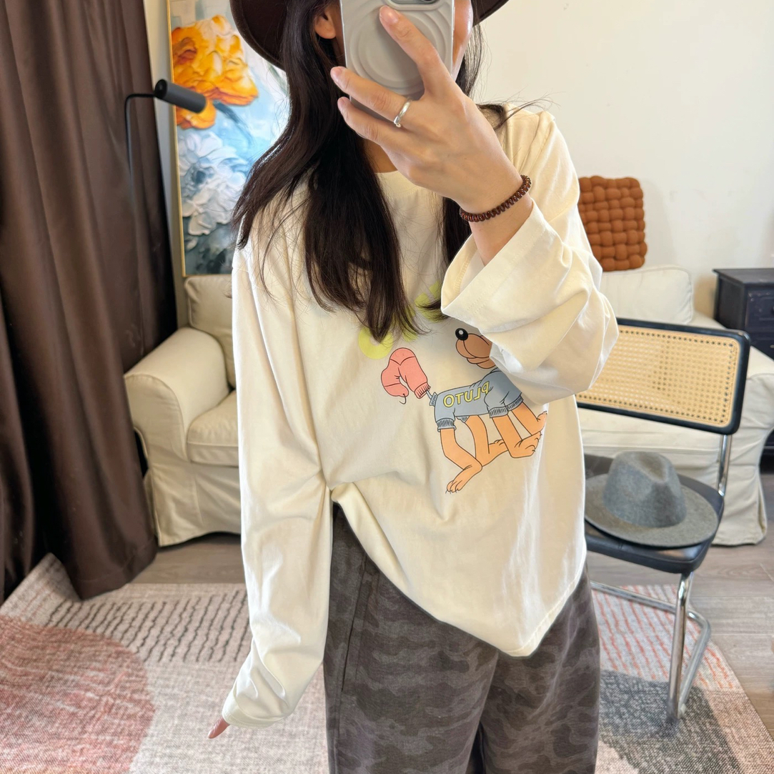 软糯小狗狗！韩国代购柔嫩嫩粉系小可爱字母印花宽松版长袖t恤