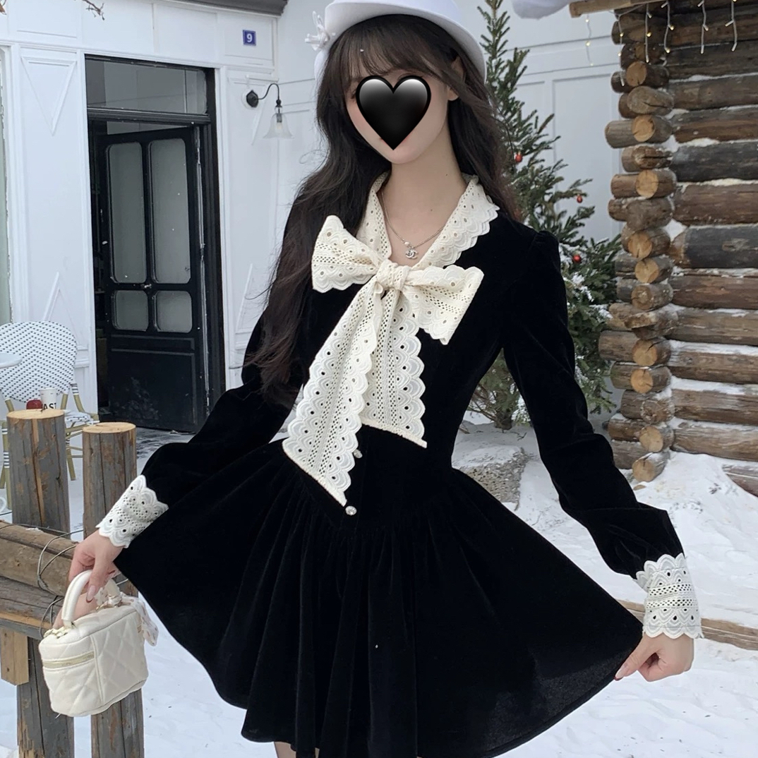 【丸子家】大码松露黑巧 复古法式小香黑色丝绒连衣裙短6255长6259