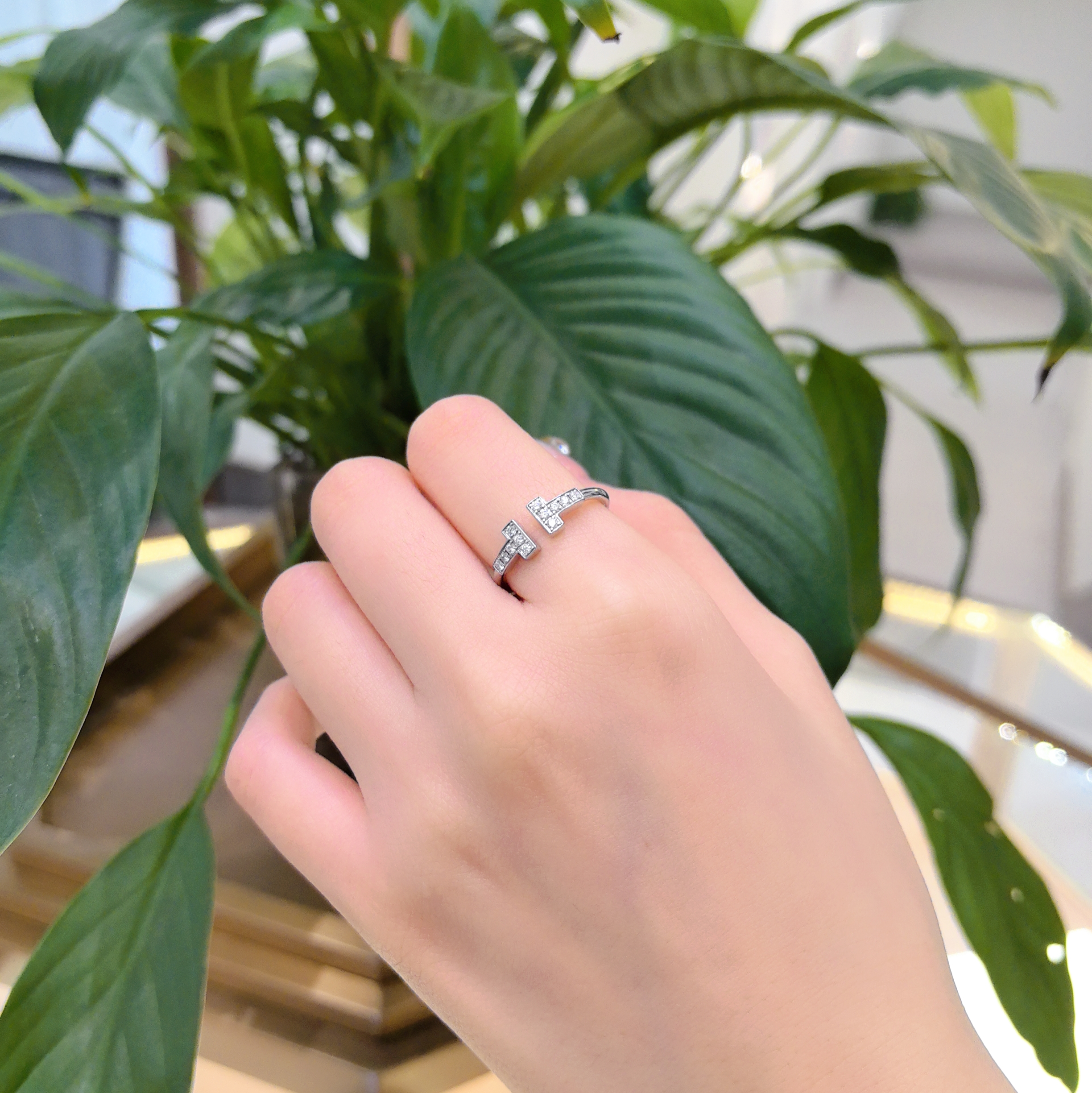 99新 Tiffany & Co./蒂芙尼 双T钻戒/18K白金/#48  53