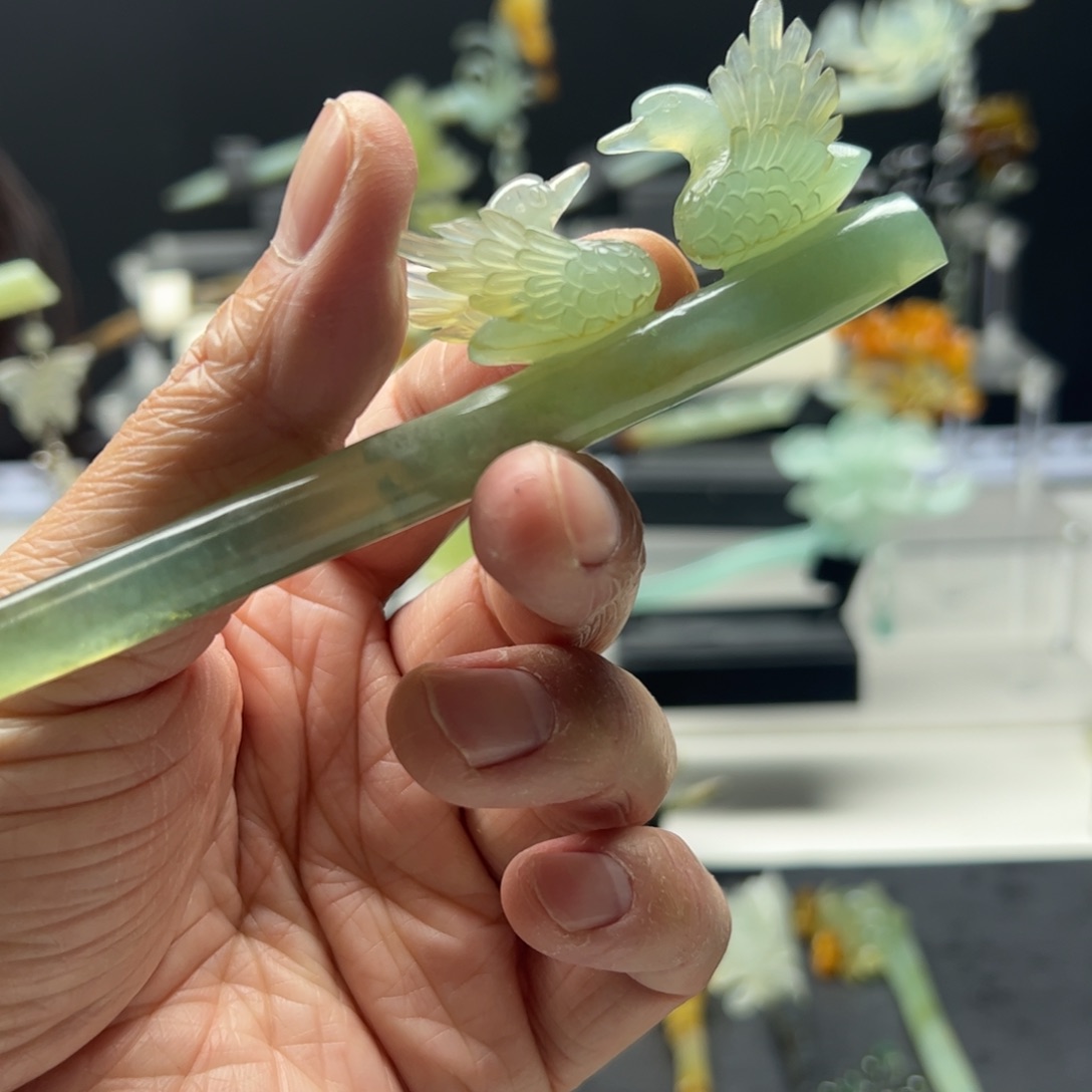 岫玉福利发簪足银镀金镶嵌