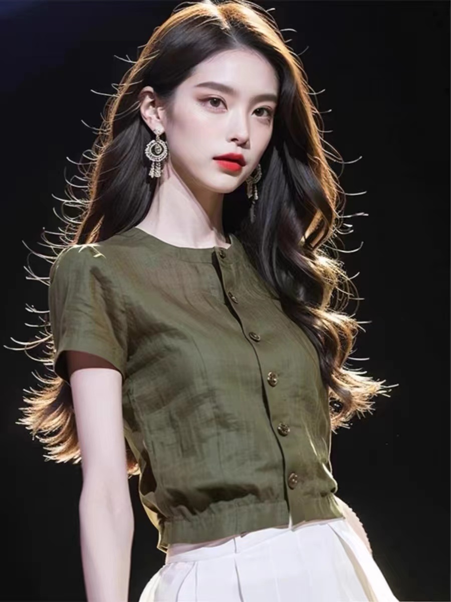 夏季显瘦短款百搭法式小衫复古简约设计感短袖衬衫小众优雅上衣女