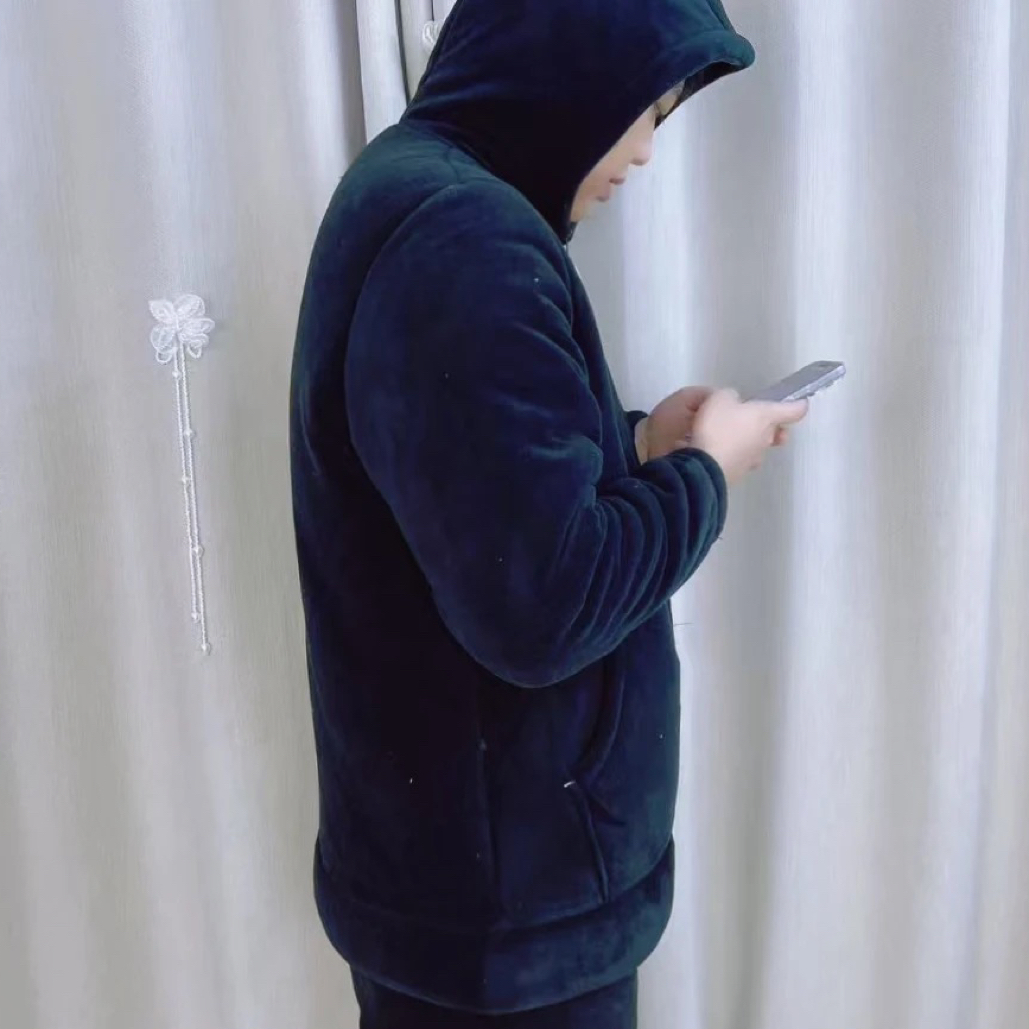 黑金系列男款连帽拉链加绒加厚保暖冬季家居可外穿套装