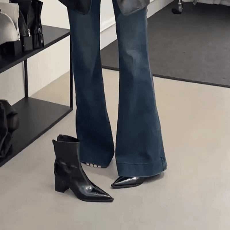 牛皮版！黑色尖头短靴女法式粗跟后拉链时装靴通勤百搭高跟瘦瘦靴