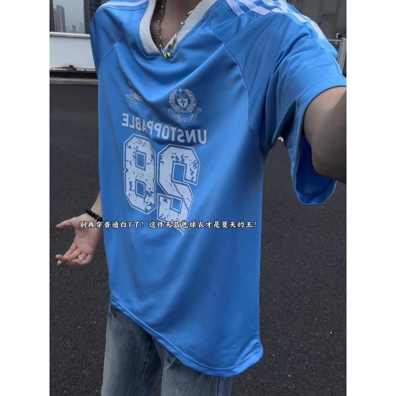 NASA美式字母印花条纹V领球衣男夏季宽松百搭运动休闲短袖T恤