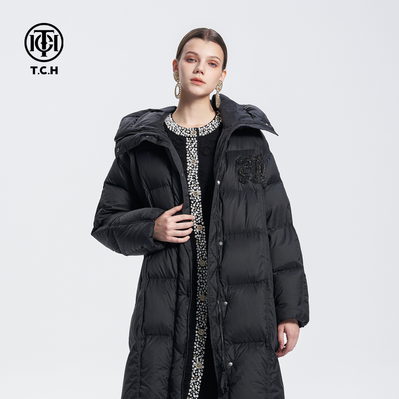 TCH 潮牌烫钻翅膀时尚加厚保暖连帽长款男女同款T72D198073