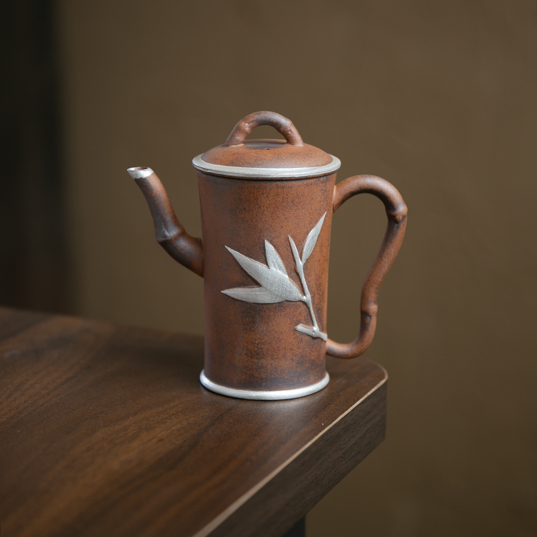 【正版川冶】鎏银此君壶.6908.粗陶老岩泥中式复古原矿竹节壶茶器BL