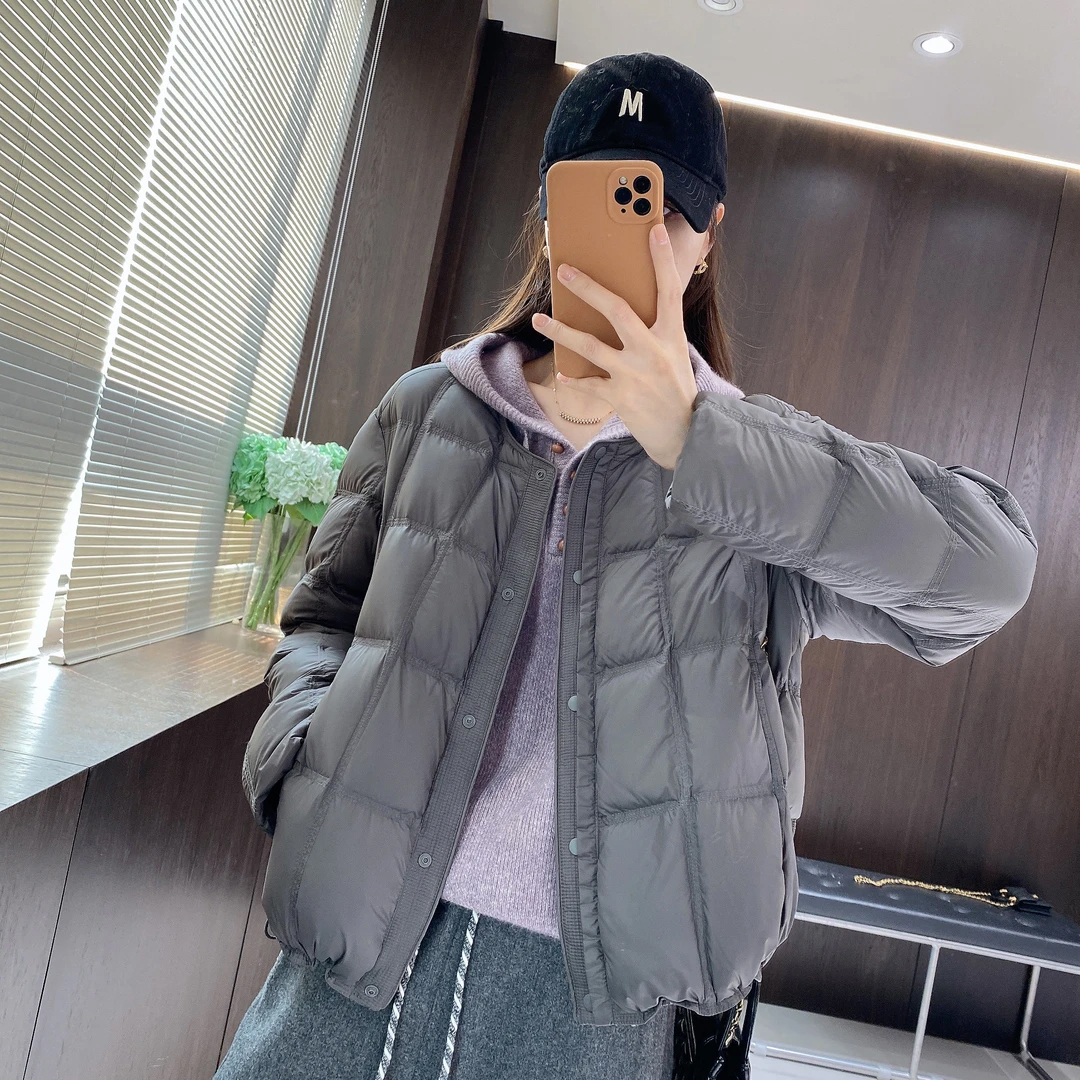 韩系轻薄圆领气质百搭棉服女2025年冬季新款显瘦云朵方格轻薄外套