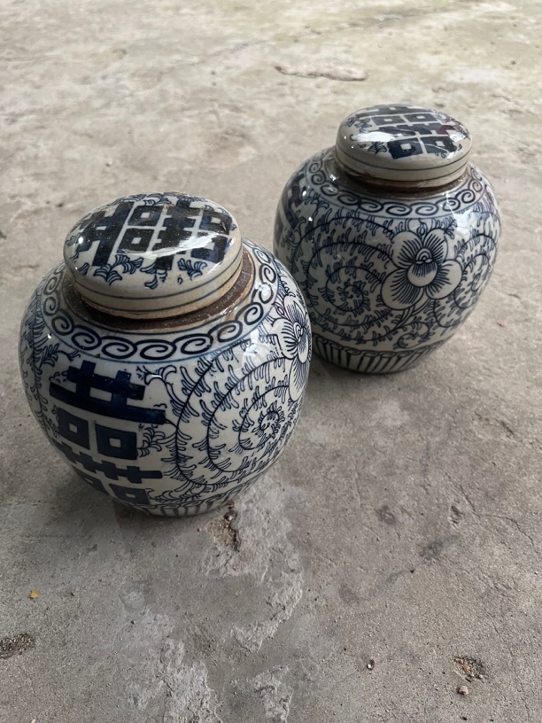 青花缠枝莲花双喜【囍】大 小 罐 双喜罐，囍子罐 茶叶罐