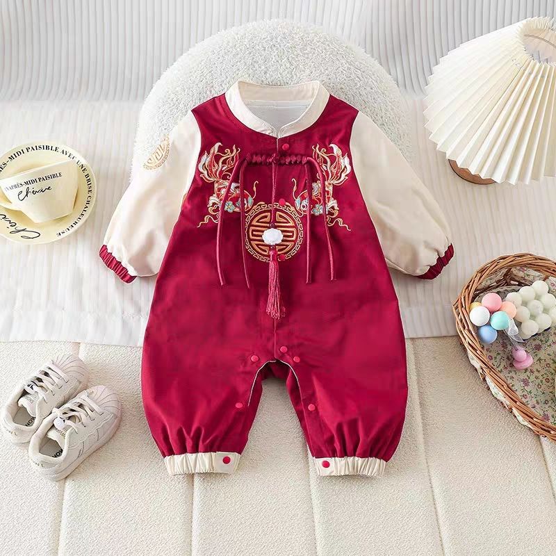 春秋爬服哈衣春季红色婴儿连体衣中国风公主周岁礼服