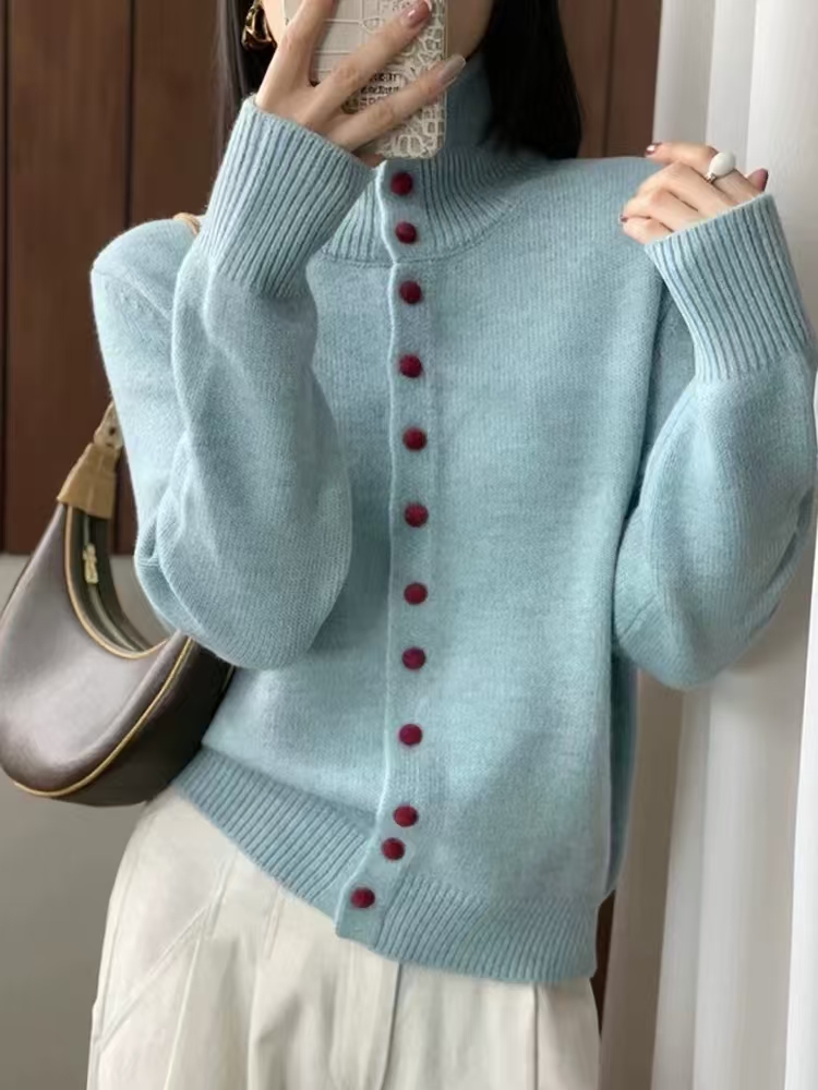 冬季纯羊毛针织开衫长袖百搭加厚纯色女高领上衣春季显瘦针织外套