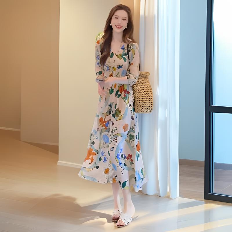 2025夏季新款冰雪丝印花宽松高级感连衣裙女中长款显瘦减龄睡衣裙