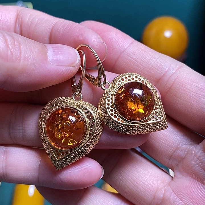 银S925镀金镶嵌琥珀（花珀）耳饰