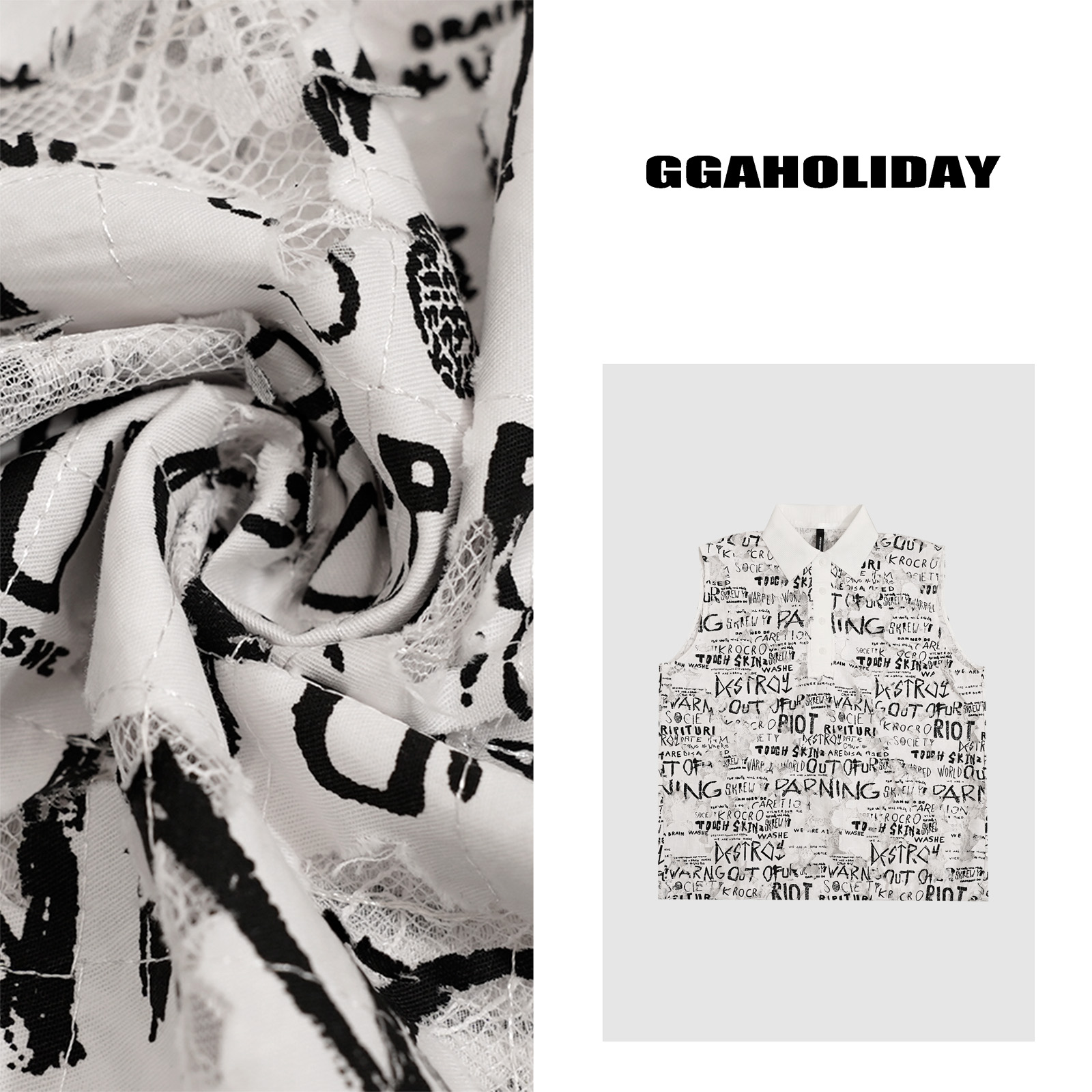 【上新】GGAHOLIDAY时尚百搭宽松蕾丝拼接POLO领满印马甲-152639