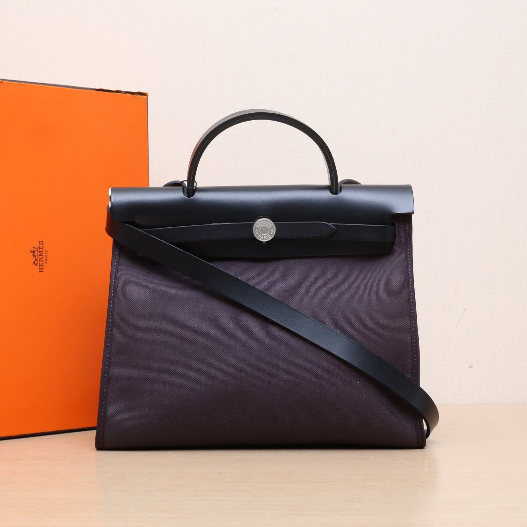 99新 Hermes/爱马仕 小花柳 单肩包 31 黑色拼3W茄子紫 Y刻