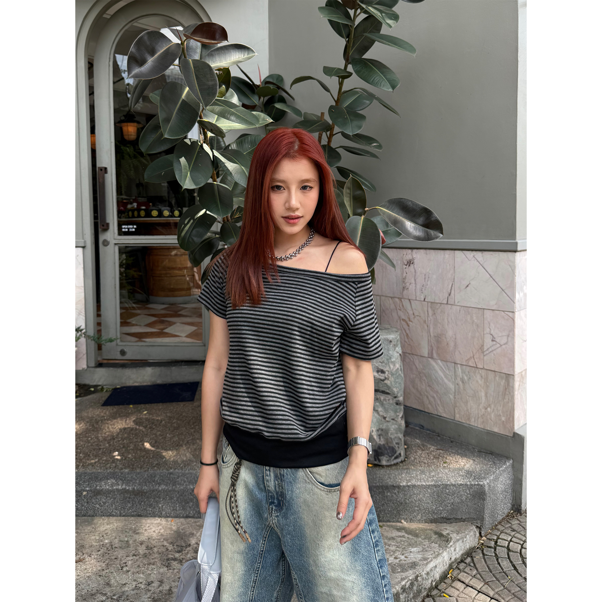 川川也家美式复古条纹斜肩短袖宽松休闲辣妹t恤大领口上衣夏季