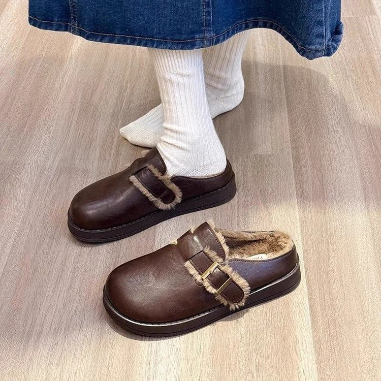 厚底勃肯毛毛加绒皮面拖鞋2025女外新款秋冬包头棉鞋脚蹬保暖