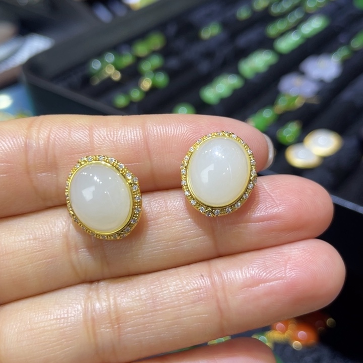 和田玉银S925镶嵌耳饰