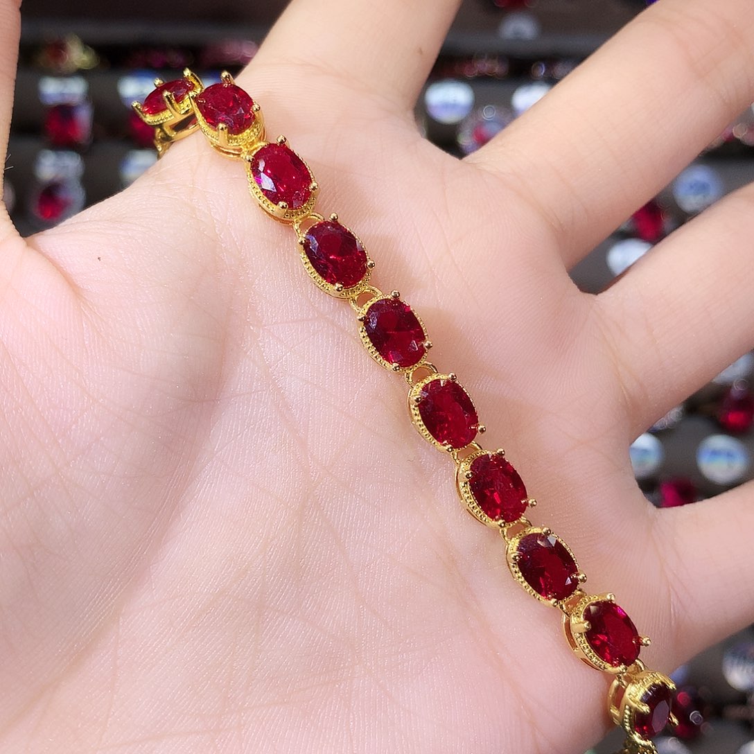 无925银酒红色手链金