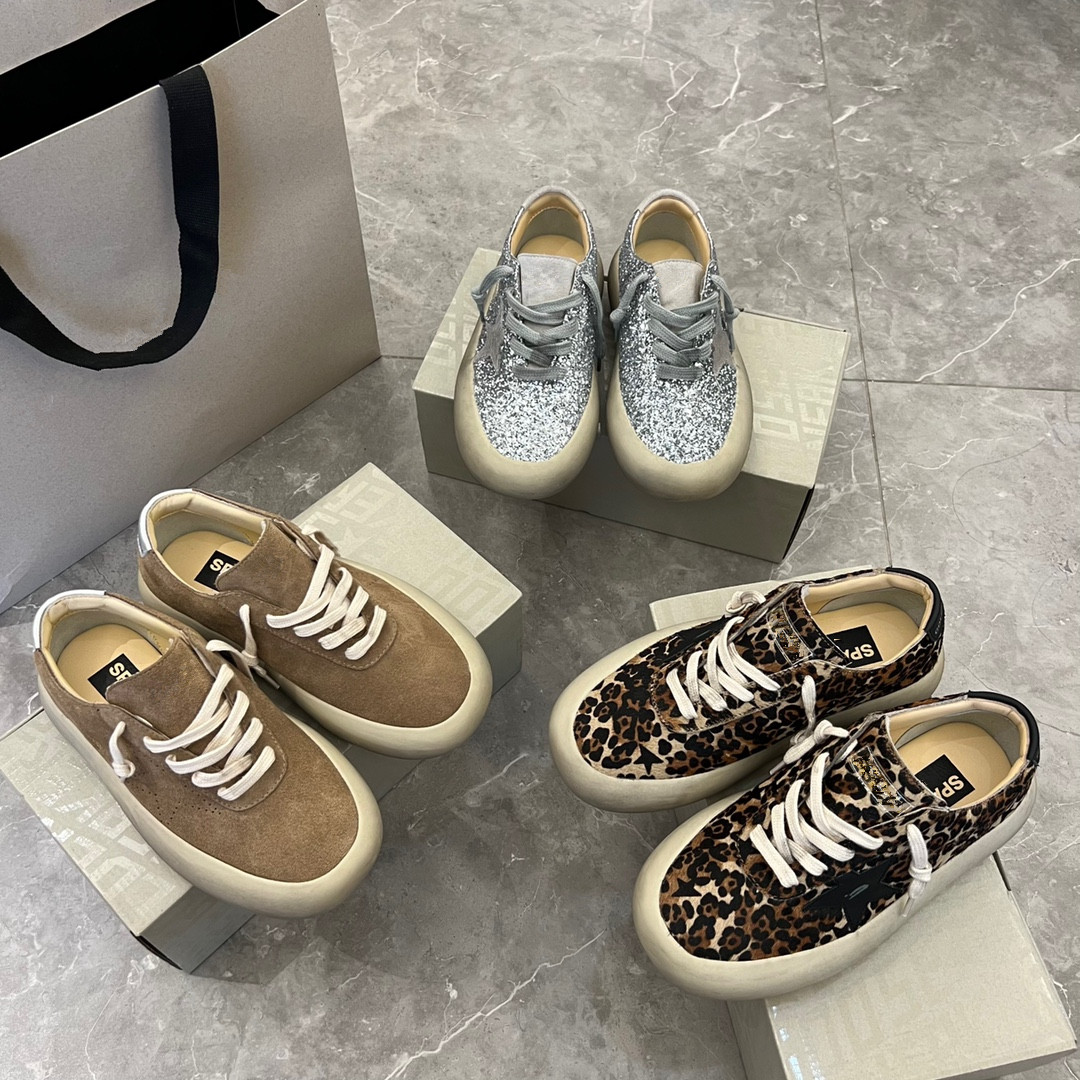 高定经典Spa棕色豹纹亮片面包鞋做旧星星小脏鞋女内增高休闲板鞋