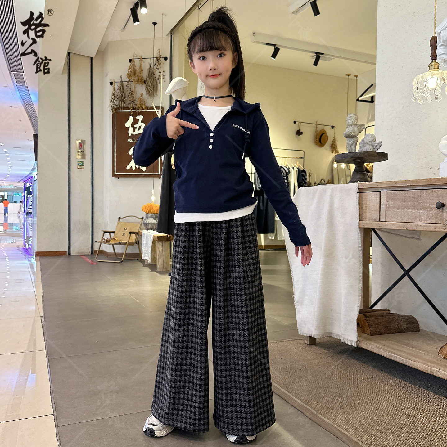 女童秋季套装2025新款儿童洋气女童连帽卫衣格子裤超好看两件套