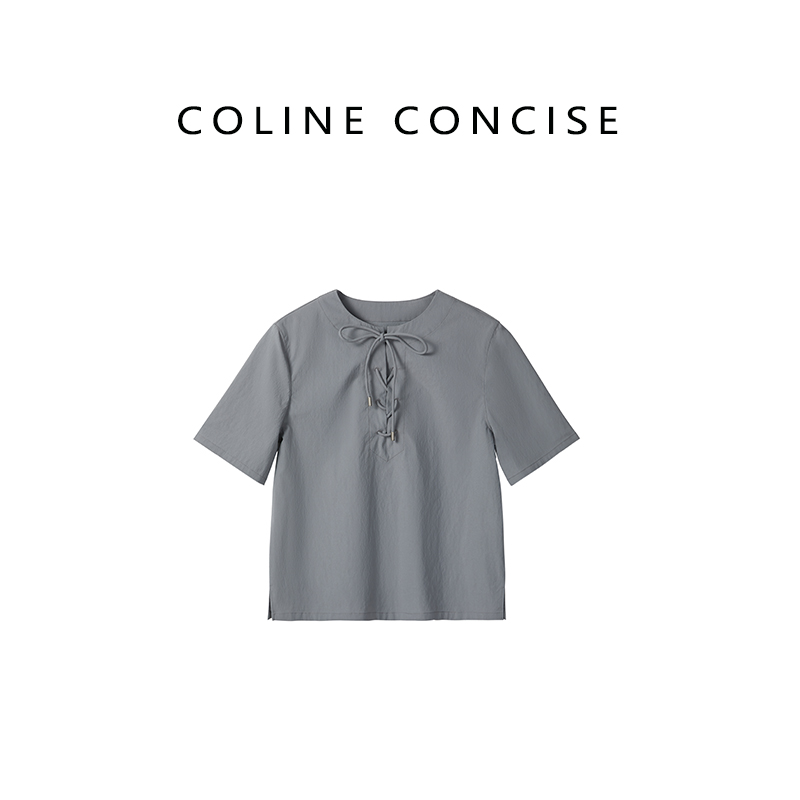 COLINE CONCISE 25SS_雾霾蓝系带设计短袖上衣X66079