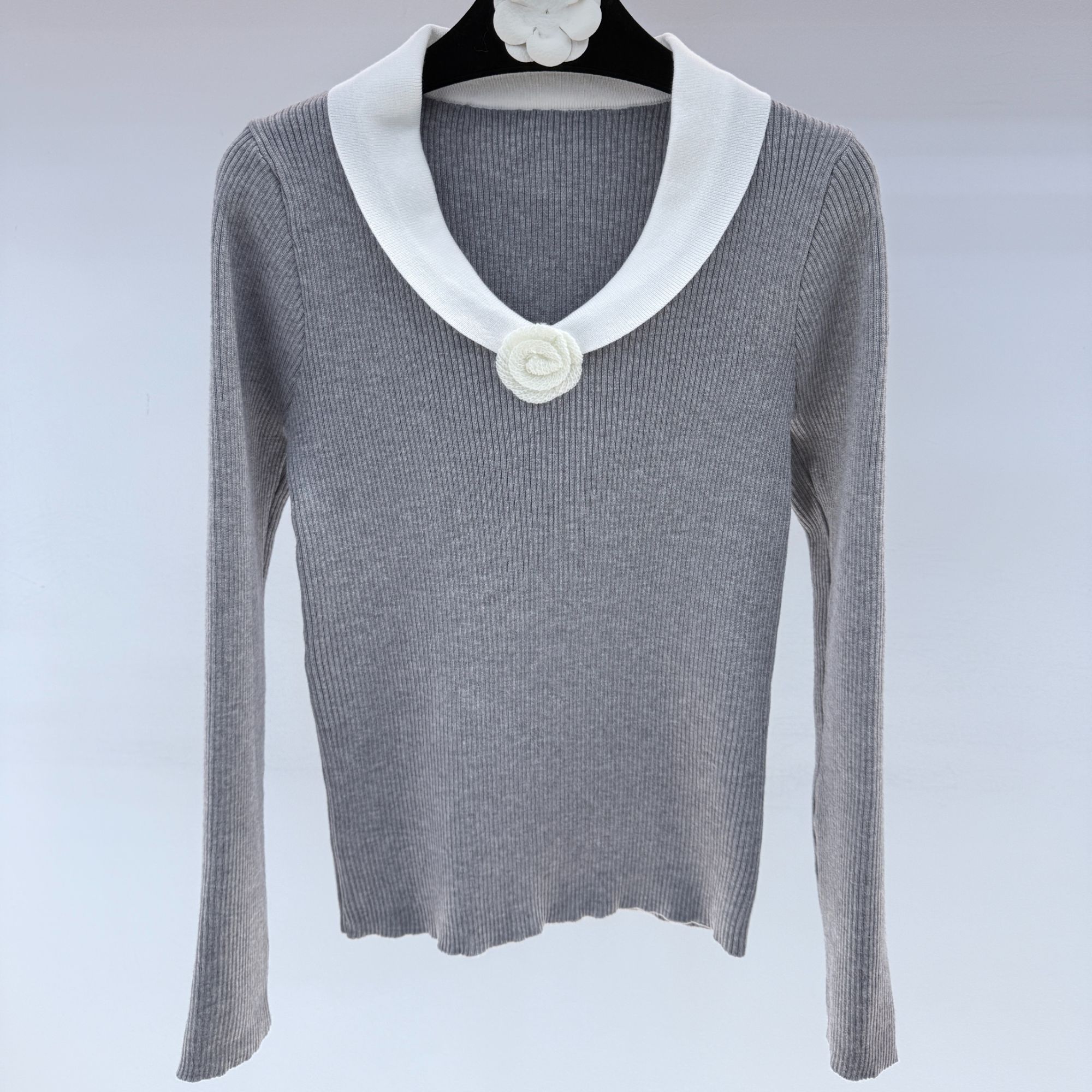 法式打底衫休闲针织上衣少女风V领长袖毛针织衫C1911