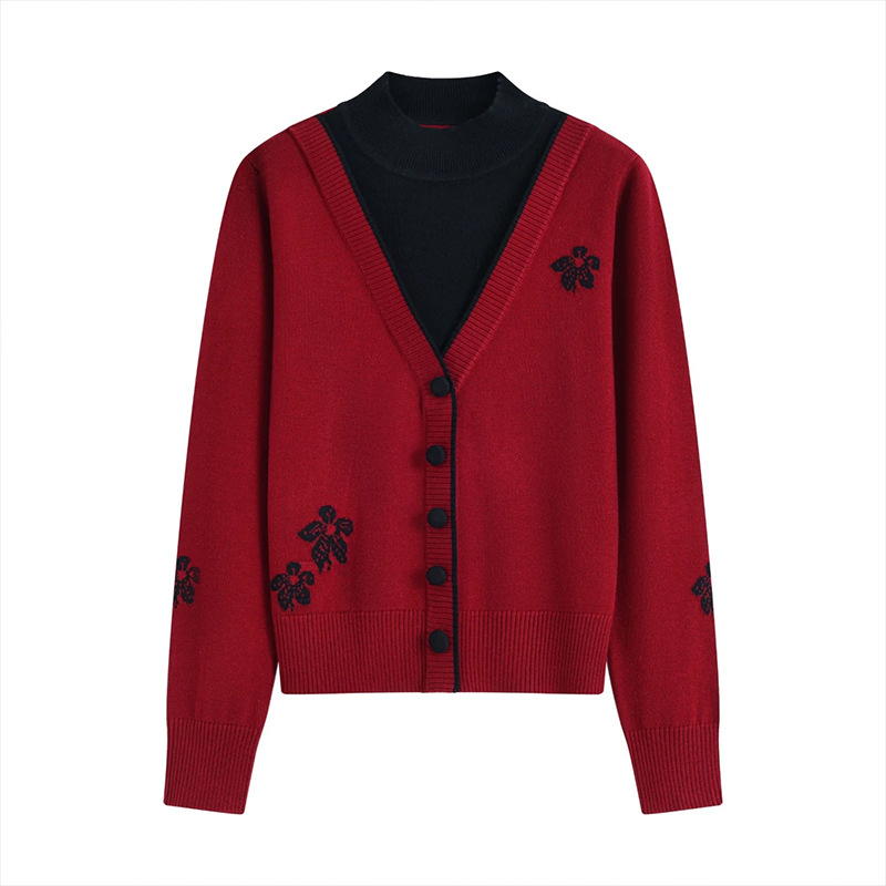 半高领假两件长袖拼色针织衫女设计感小众绵羊毛上衣1695