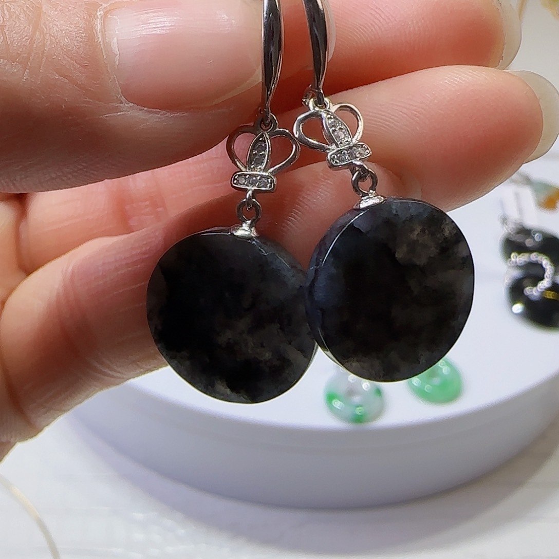 翡翠耳饰银S925镶嵌天然缅甸a货翡翠