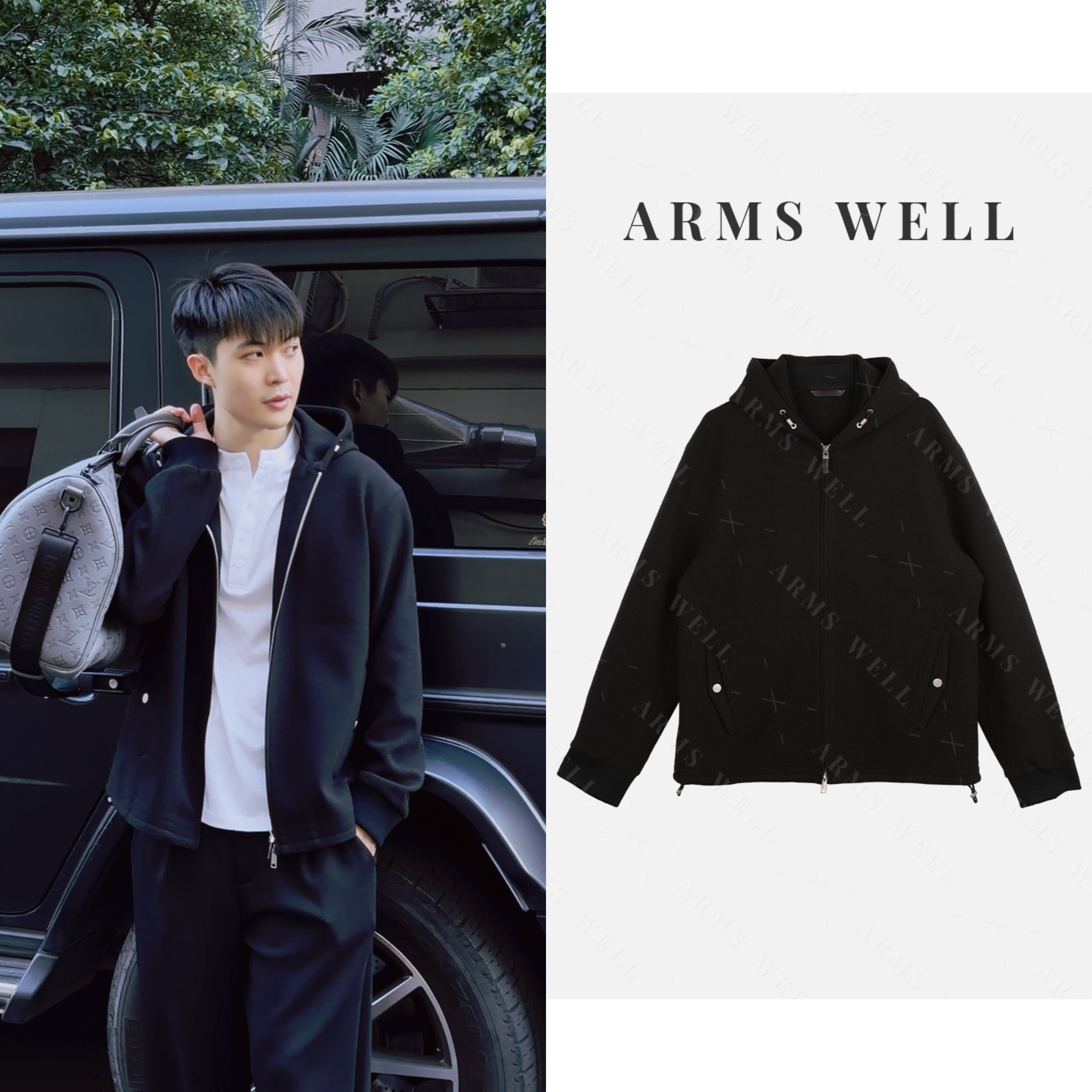 ARMS WELL王囡囡 黑色连帽拉链羊毛卫衣外套（男装）S558